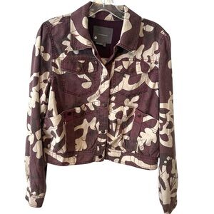 By Anthropologie Women's Burgundy‎ Cream  Linen Blend Trucker Jacket in Size S
